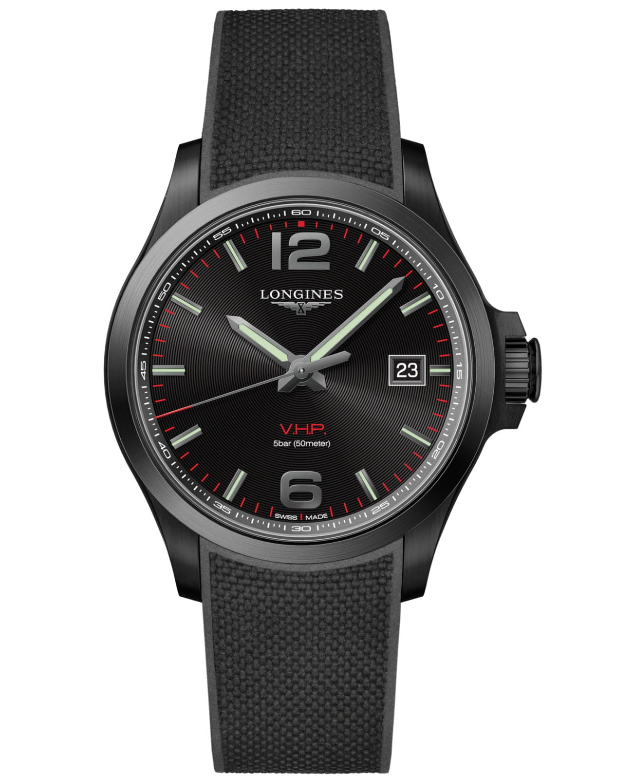 Longines Longines Conquest V.H.P. L3.726.2.56.9  L37262569 кварцевые мужские часы черный циферблат, браслет каучук — вид спереди