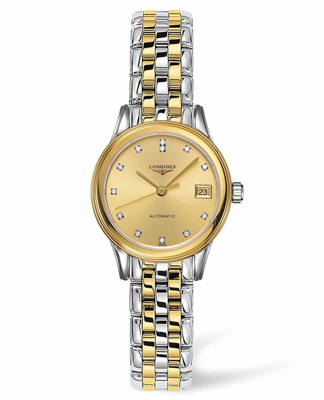 Longines Longines Flagship L4.274.3.37.7  L42743377 механические женские часы золотой циферблат, браслет сталь c pvd покрытием — вид спереди