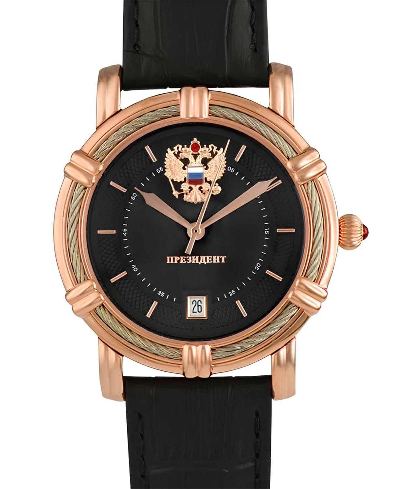 Президент Президент 4459479  4459479 механические мужские часы черный циферблат, браслет кожаный — вид спереди