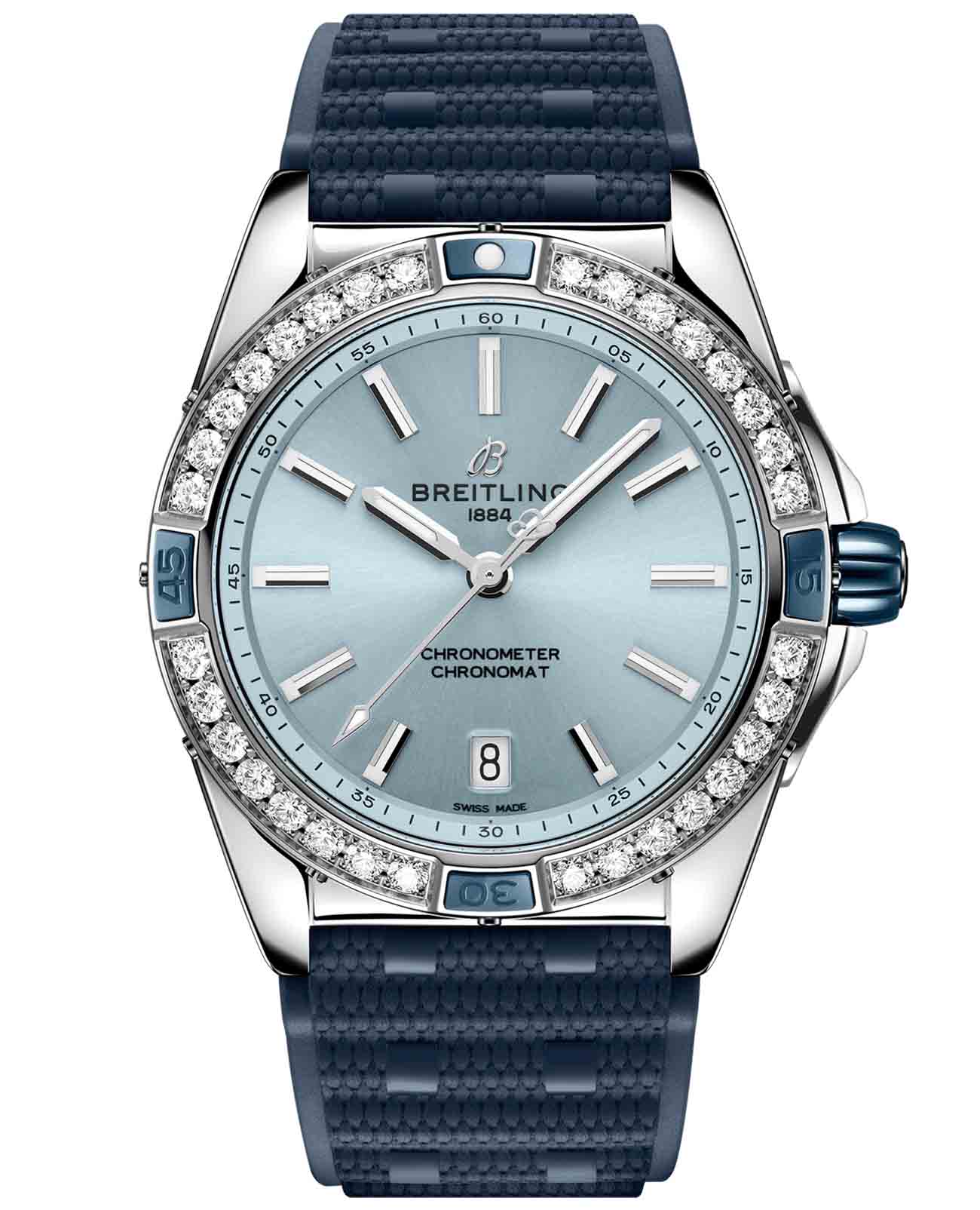 Breitling Breitling Super Chronomat Automatic 38 A17356531C1S1  A17356531C1S1 механические женские часы голубой циферблат, браслет каучук — вид спереди