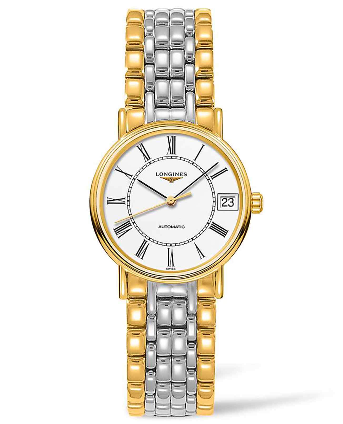 Longines Longines Presence L4.322.2.11.7  L43222117 механические женские часы белый циферблат, браслет сталь c pvd покрытием — вид спереди