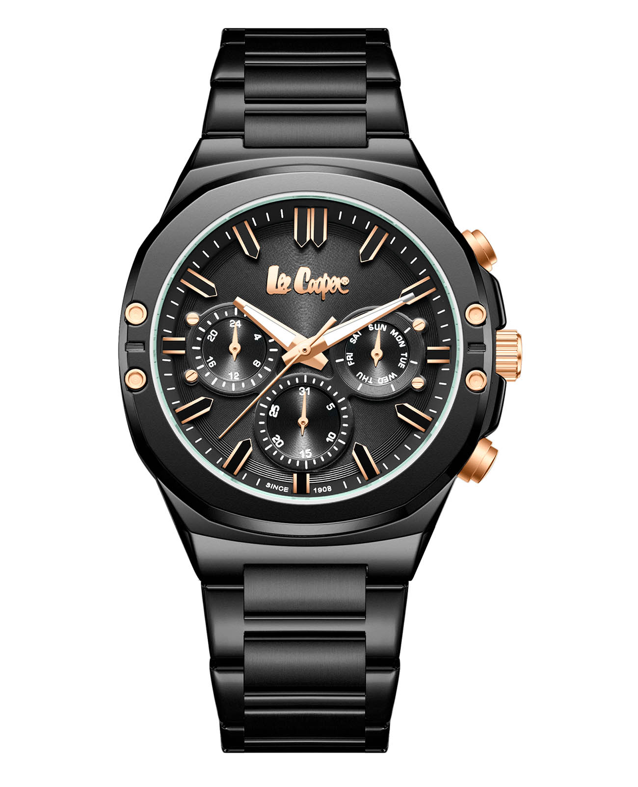 Lee Cooper Lee Cooper LC07991.650  LC07991.650 кварцевые мужские часы черный циферблат, браслет нержавеющая сталь с pvd-покрытием — вид спереди