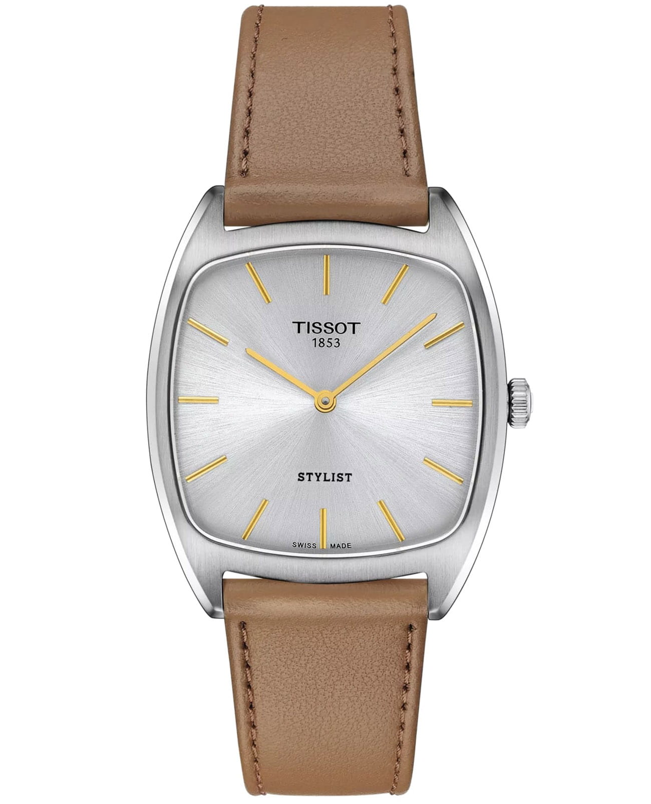 Tissot Tissot Stylist T159.909.16.031.00  T1599091603100 кварцевые женские часы серебристый циферблат, браслет кожаный — вид спереди