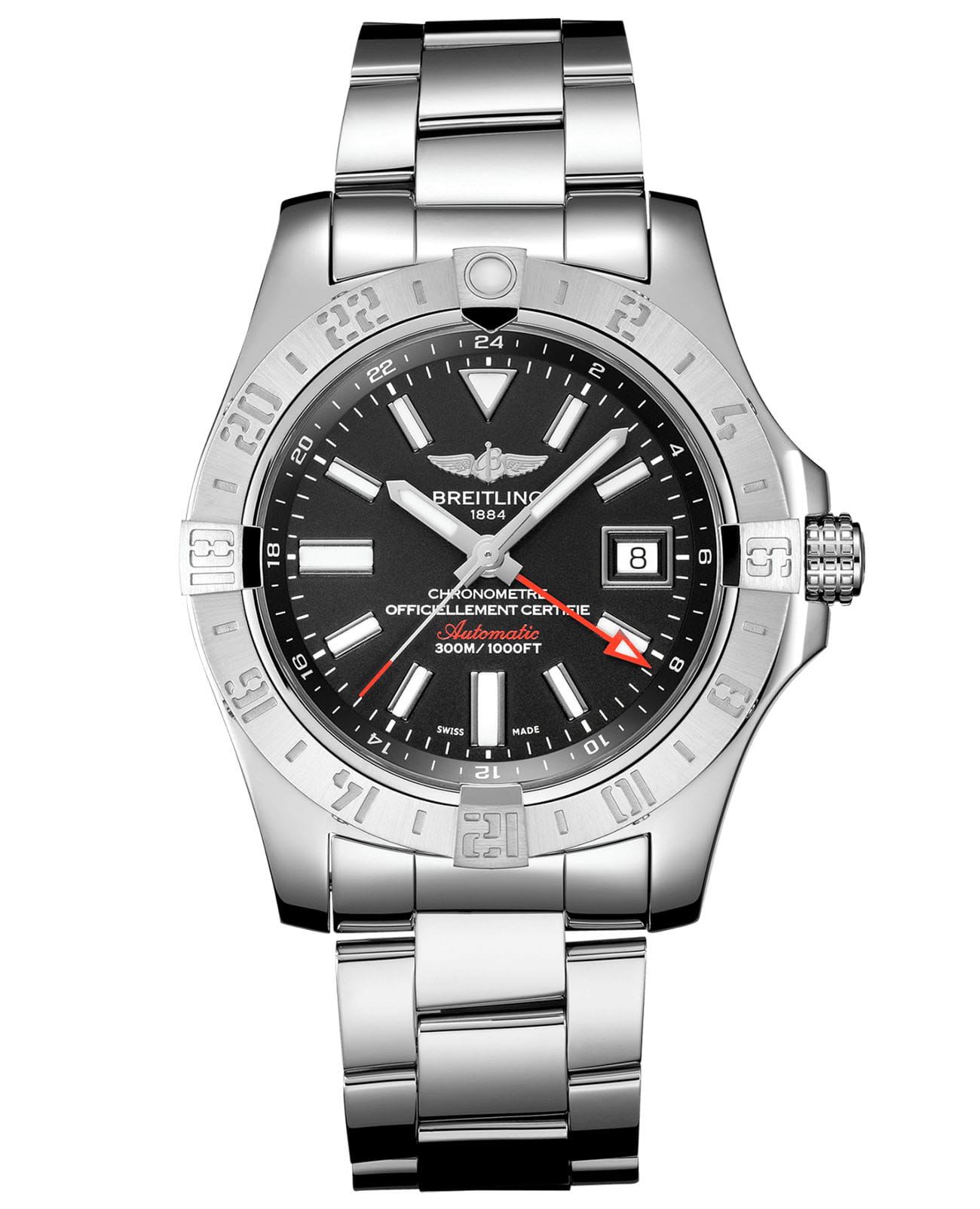 Breitling Breitling Avenger II GMT A32390111B1A1  A32390111B1A1 механические мужские часы черный циферблат, браслет нержавеющая сталь — вид спереди