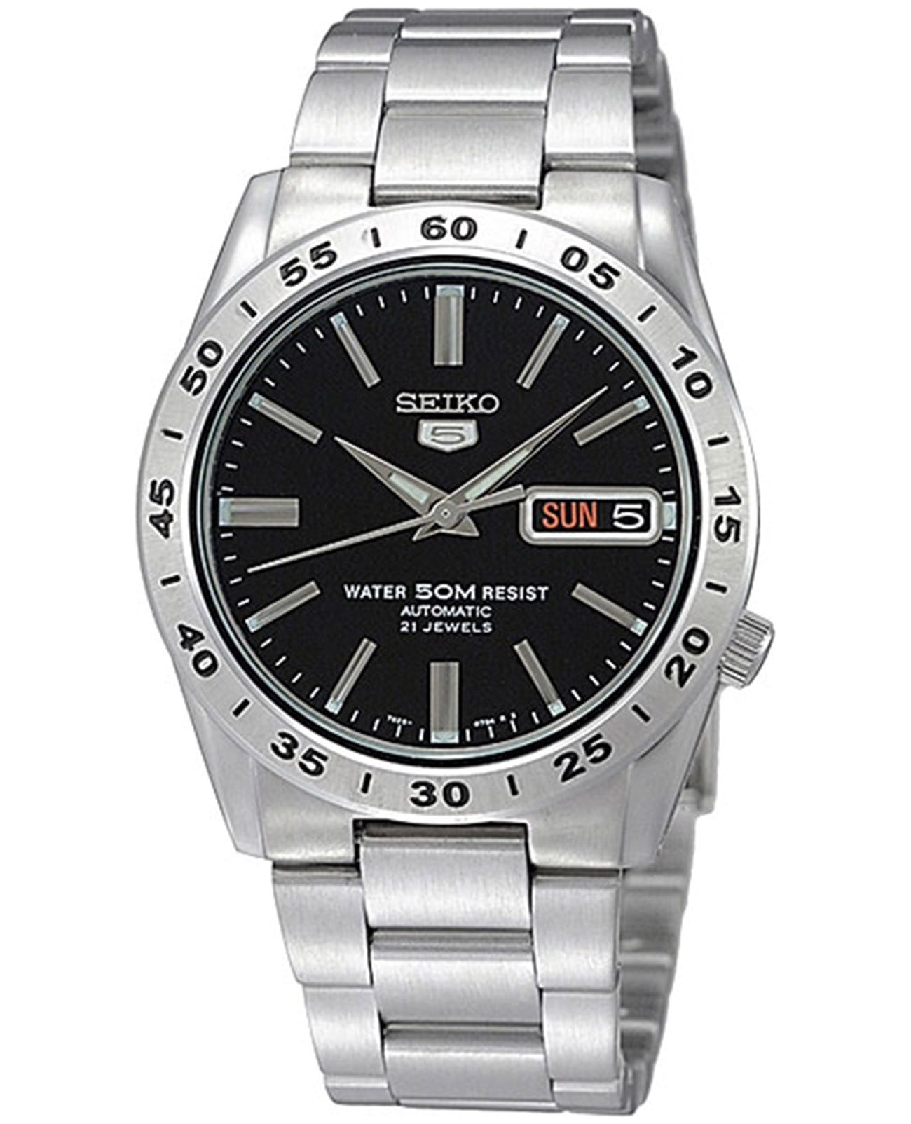 Seiko Seiko Seiko 5 SNKE01K1  SNKE01K1 механические мужские часы черный циферблат, браслет нержавеющая сталь — вид спереди