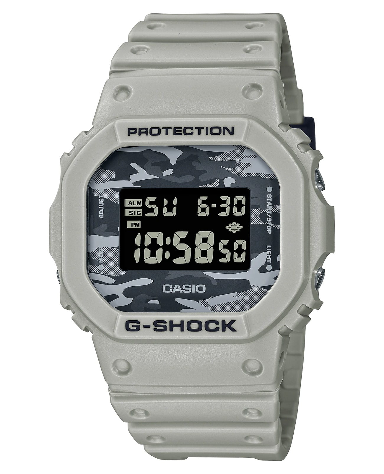 Casio Casio G-Shock Camo Utility DW-5600CA-8DR (DW-5600CA-8ER) DW-5600 DW-5600CA-8ER электронные мужские часы серый циферблат, браслет пластик — вид спереди
