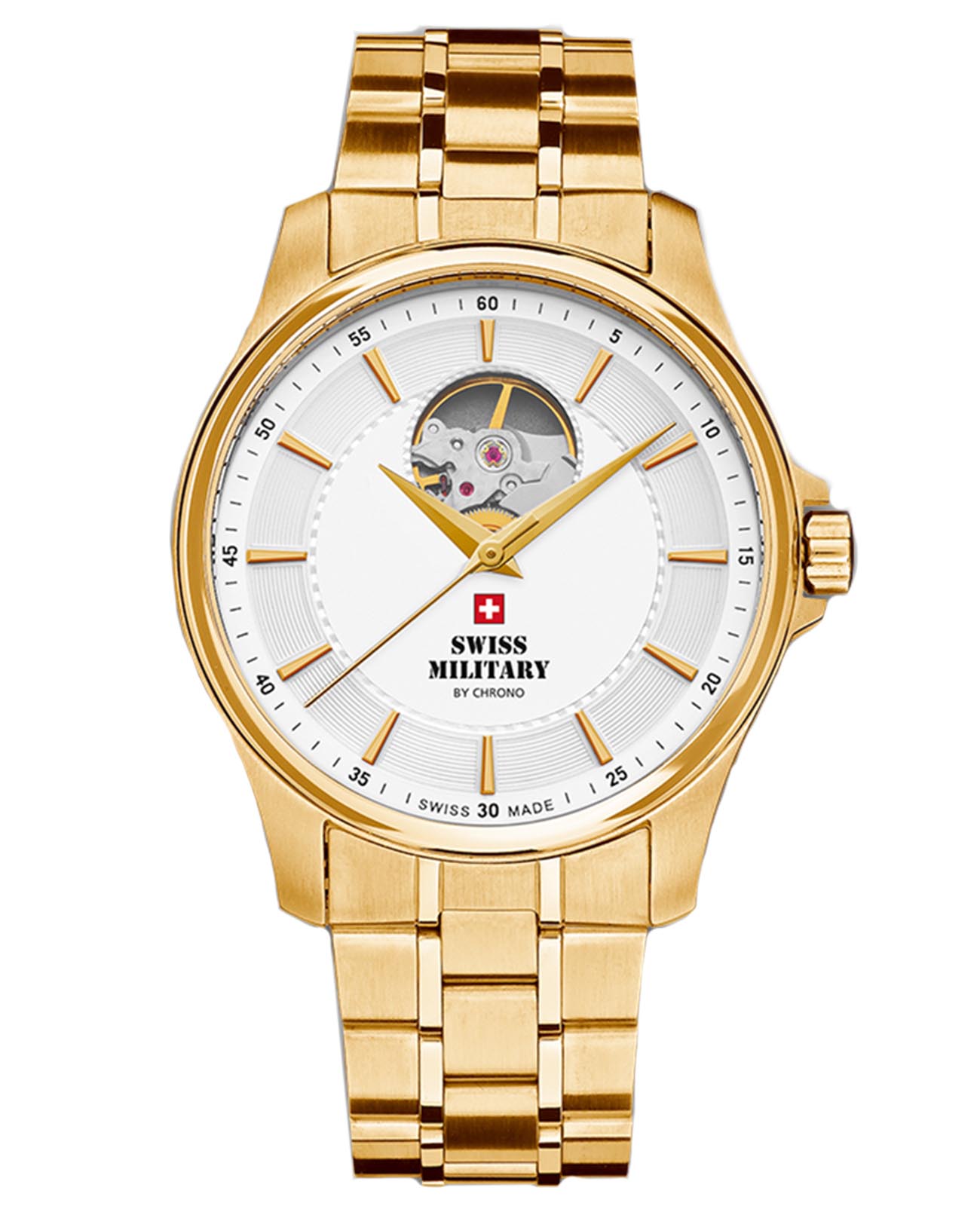 Swiss Military by Chrono Swiss Military by Chrono SMA34050.04  SMA34050.04 механические мужские часы белый циферблат, браслет нержавеющая сталь с pvd-покрытием — вид спереди