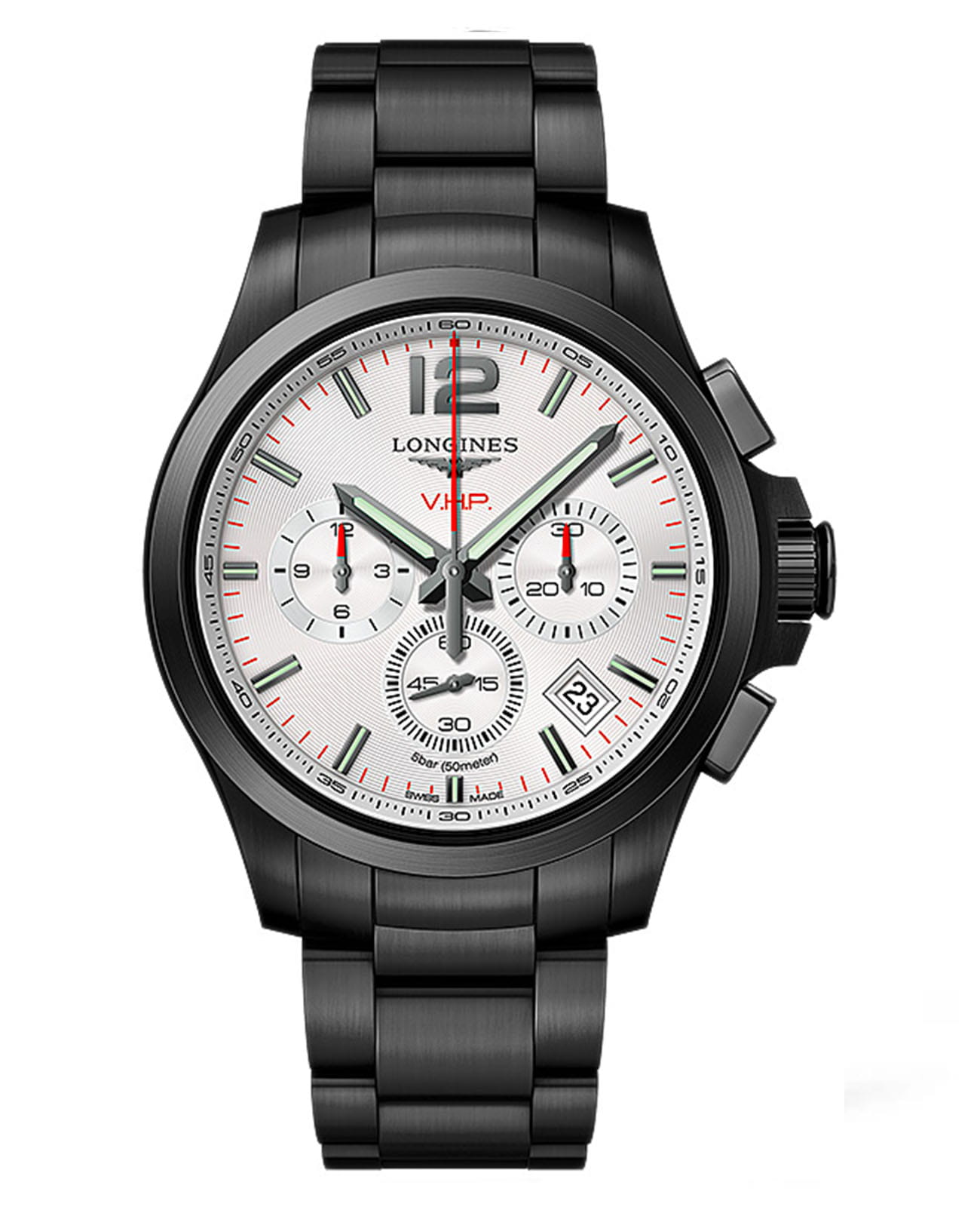 Longines Longines Conquest V.H.P. L3.717.2.76.6  L37172766 кварцевые мужские часы белый циферблат, браслет сталь c pvd покрытием — вид спереди