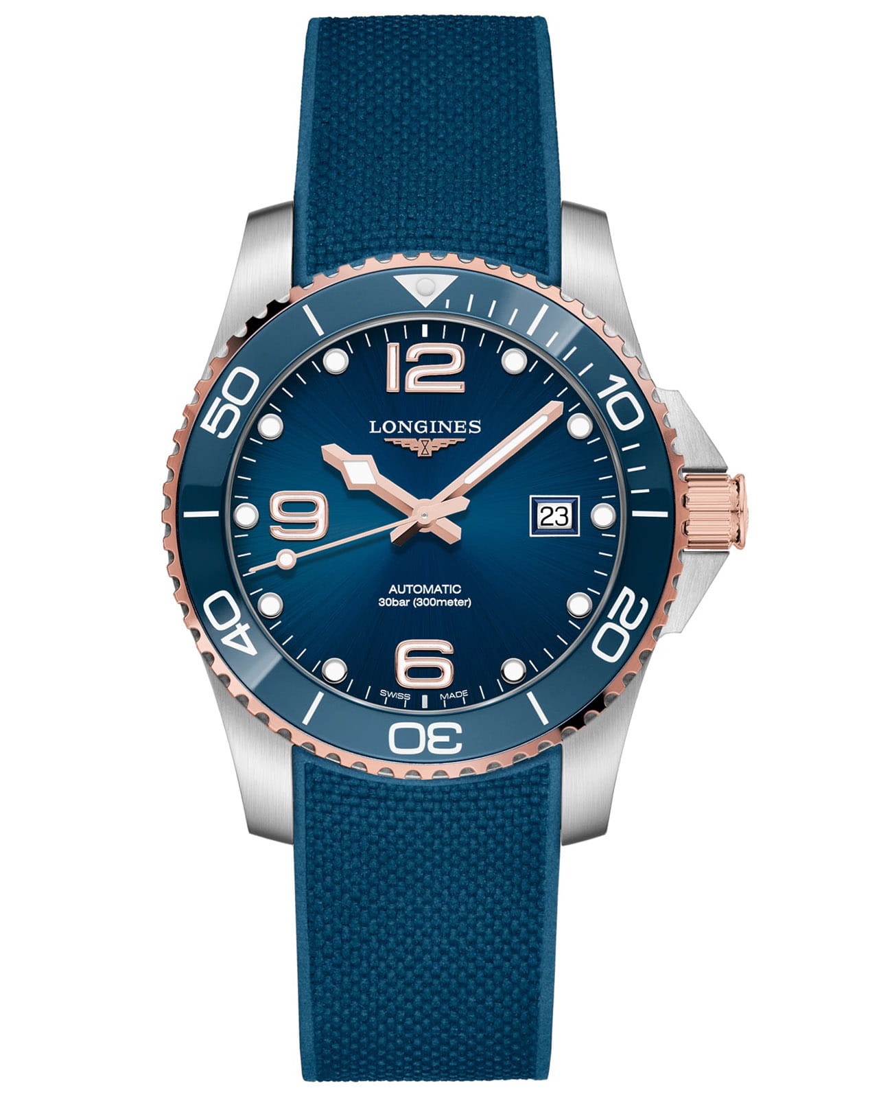 Longines Longines HydroConquest L3.781.3.98.9  L37813989 механические мужские часы синий циферблат, браслет каучук — вид спереди